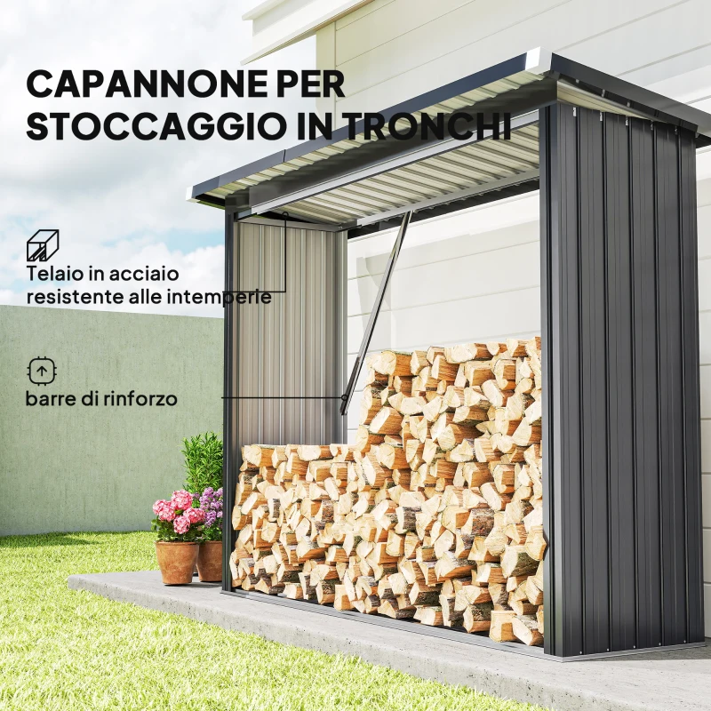 Outsunny Capanno Portalegna in Acciaio da Esterno, Base Rialzata e Tetto Inclinato, 213x66.5x150 cm, Grigio Scuro