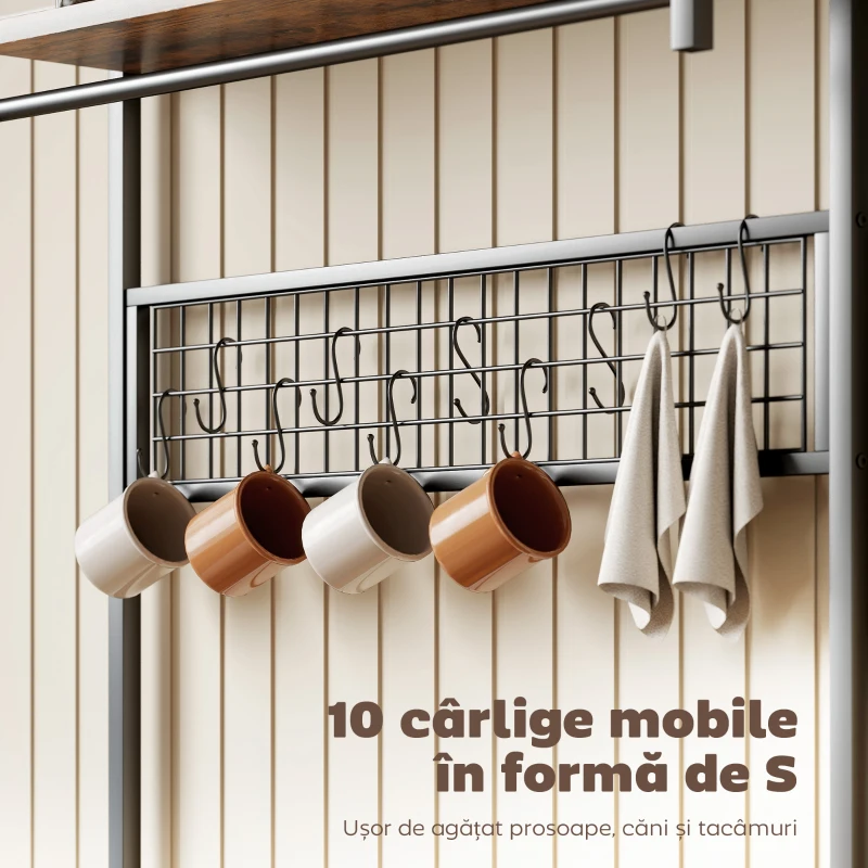 HOMCOM Scaffale Bucătărie Con Prize E Led, Struttura In Oțel, Marrone Rustic