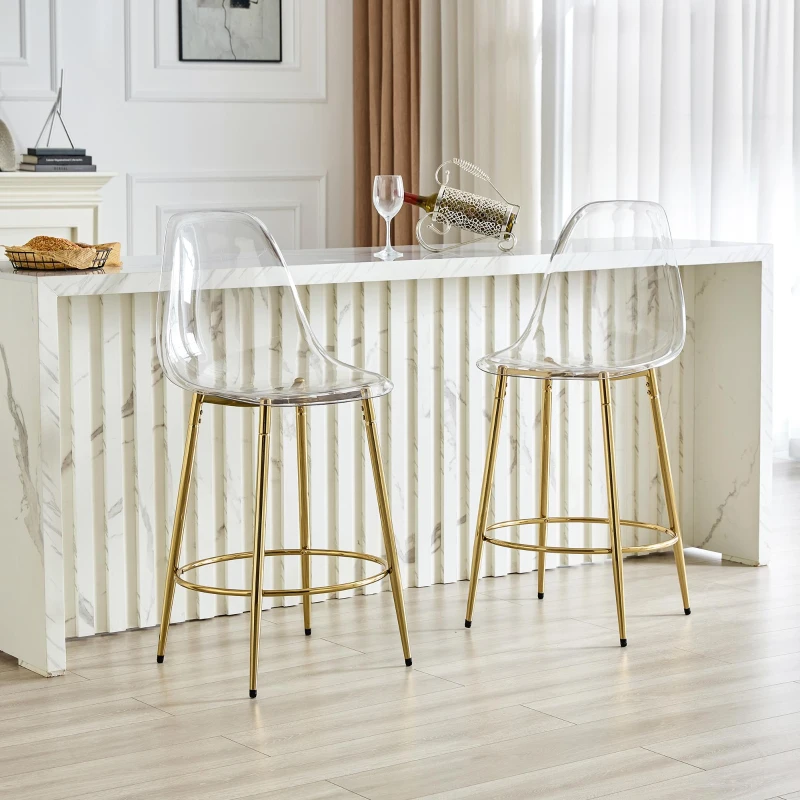Lot de 2 tabourets de bar transparents au design flottant, adaptée aux îlots européens, 48,50x48,50x102,00 cm, doré, Transparent