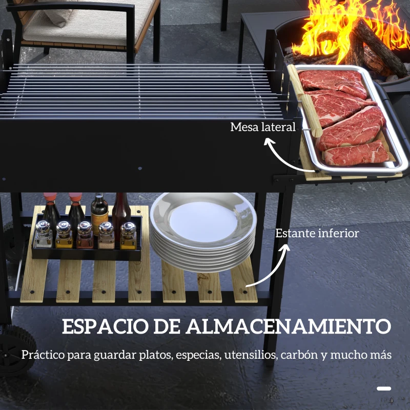 Outsunny Barbacoa de Carbón 113x53,5x82,5 cm con 2 Parrillas Alturas Ajustables Mesa Lateral, Estante y Ruedas para Jardín Negro
