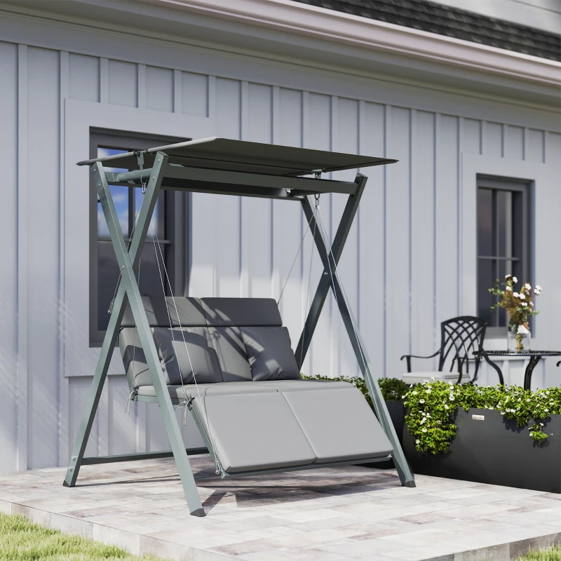 Outsunny Columpio de Jardín de 2 Plazas Convertible en Cama con Toldo Ajustable UV30+ y Cojines 142x130x168 cm Gris Oscuro