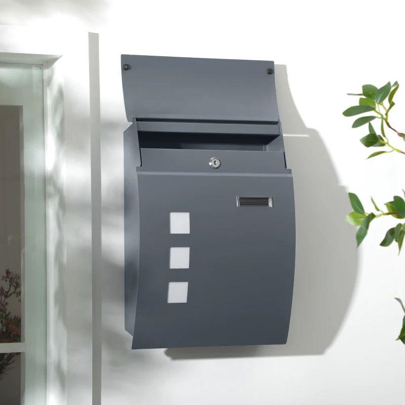 HOMCOM Cassetta Postale Ricurva in Acciaio con 3 Fessure e 2 Chiavi di Sicurezza 45x10x32 cm, Grigio