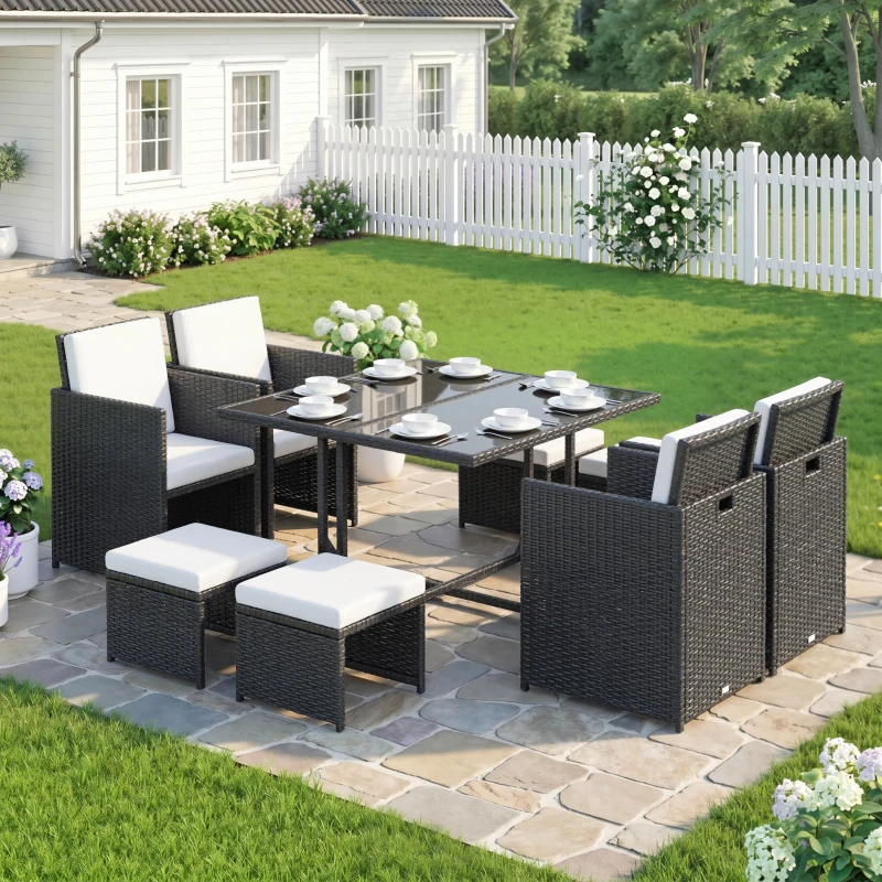 Outsunny Ensemble Salon de Jardin encastrable 8 Personnes 9 pièces résine tressée 4 Fils Imitation rotin Noir Coussins déhoussables crème