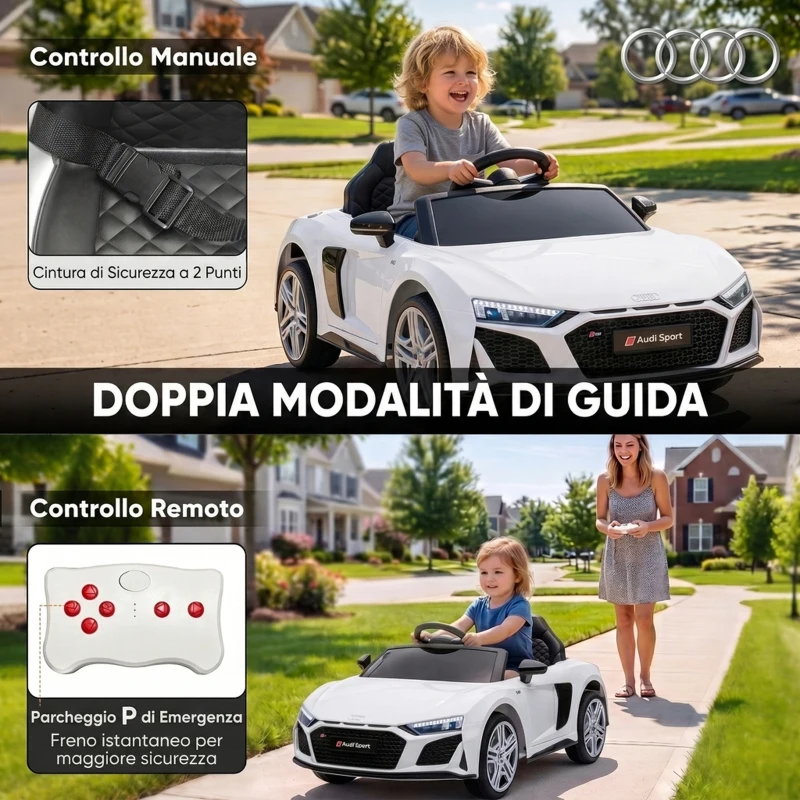 AIYAPLAY Macchina Elettrica per Bambini 3+ Anni 12V Audi R8 Spyder, 3-5 km/h con 2 Motori e Telecomando, Bianco