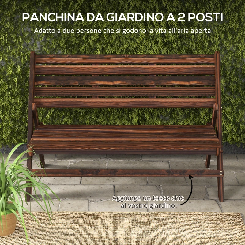 Outsunny Panchina da Giardino 2 Posti Pieghevole a Doghe in Legno di Pino, 122x63x83 cm, Carbonizzato