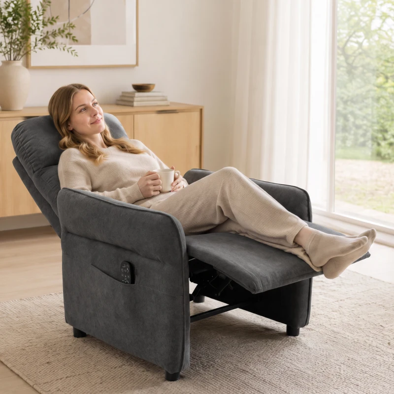 HOMCOM Recliner Armchair, Push Back Recliner Chair with Massage & Heat, Adjustable Armrests, Dual Side Pockets, Dark Grey