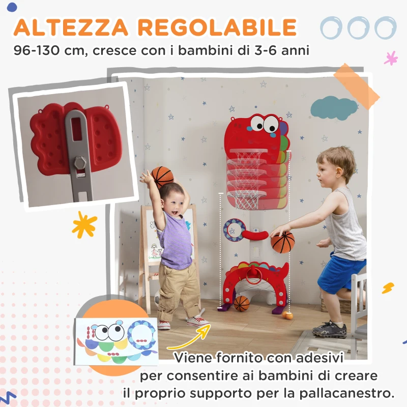 AIYAPLAY Canestro Basket per Bambini 5 in 1 con Altezza Regolabile, Porta da Calcio e Golf, Età 3-6 Anni, Rosso