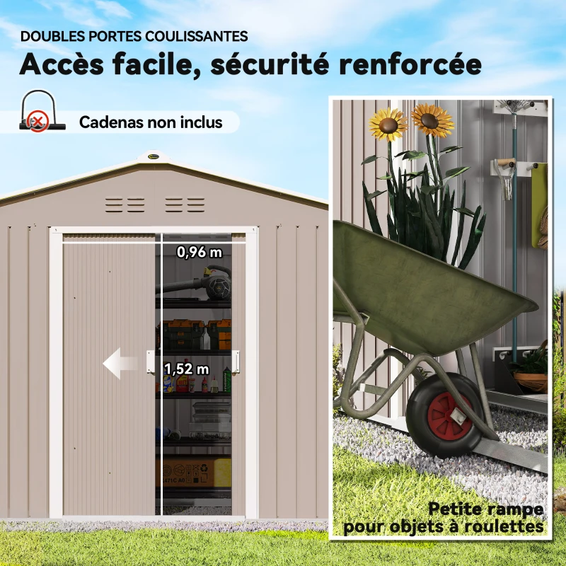 Outsunny Abri de jardin 5,4 m² 2,77 x 1,95 x 1,92 m kit de fondation porte coulissante ventilations tôle acier, gris clair
