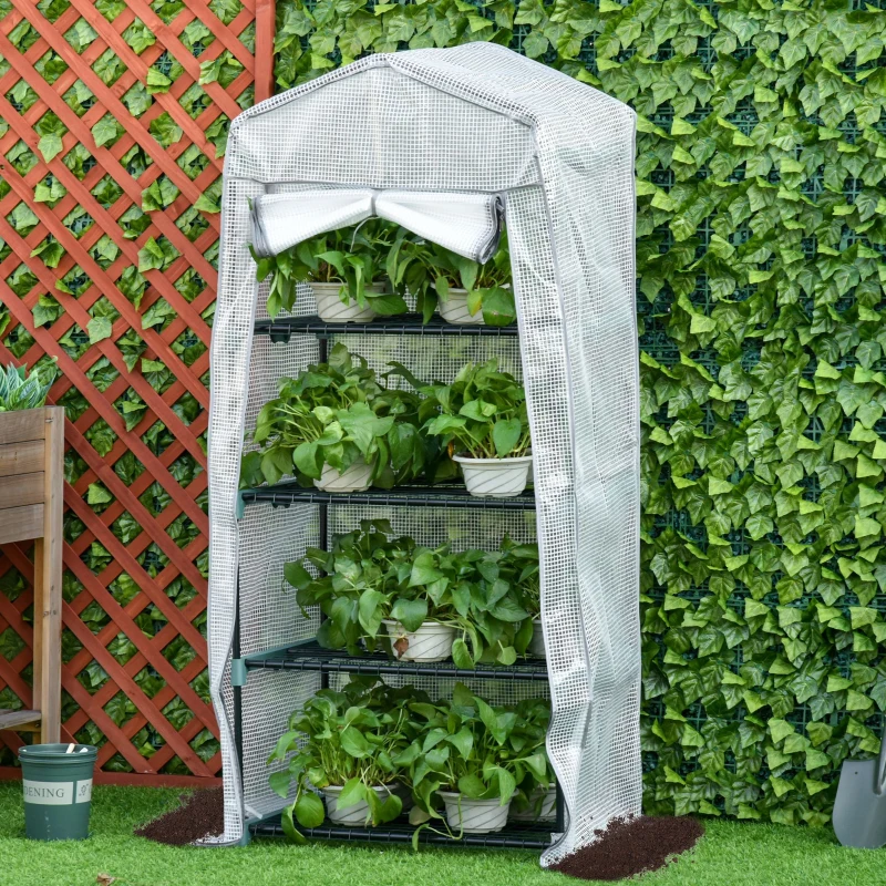 Outsunny Serre de Jardin Balcon, Étagère Serre 4 Niveaux, Acier Époxy, Bâche Amovible PE Haute Densité, 70 x 50 x 160 cm, Blanc