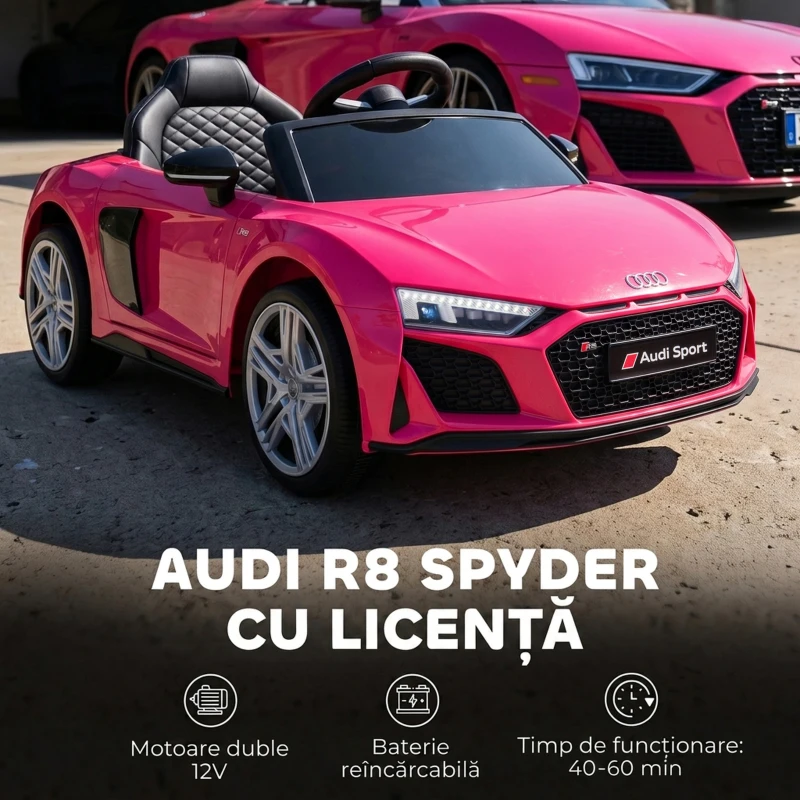 AIYAPLAY Mașinuță Electrică pentru Copii 12V Audi R8 Spyder, 3+ Ani, 3-5 km/h, cu 2 Motoare și Telecomandă, Roz