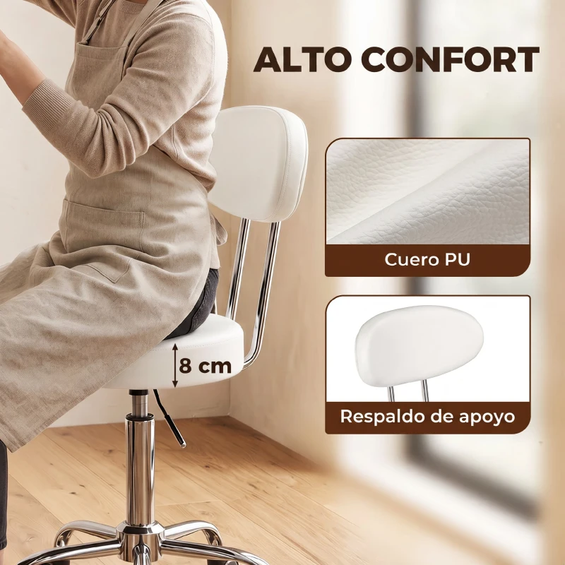 HOMCOM Taburete con Ruedas Giratorio Altura Regulable de Cuero Sintético con Respaldo para Spa Oficina Tatuajes Blanco