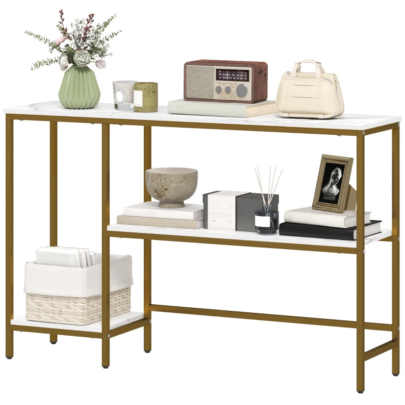 HOMCOM Console meuble 120 cm, table console 3 niveaux avec étagères de rangement, plateaux imitation marbre, blanc et doré