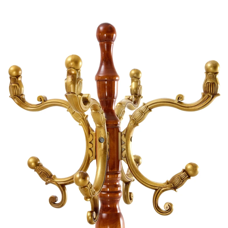 Porte-manteau européen en bois massif, design sculpté et élégant, plusieurs crochets à hauteurs variées, 48x48x195 cm, Couleur naturelle