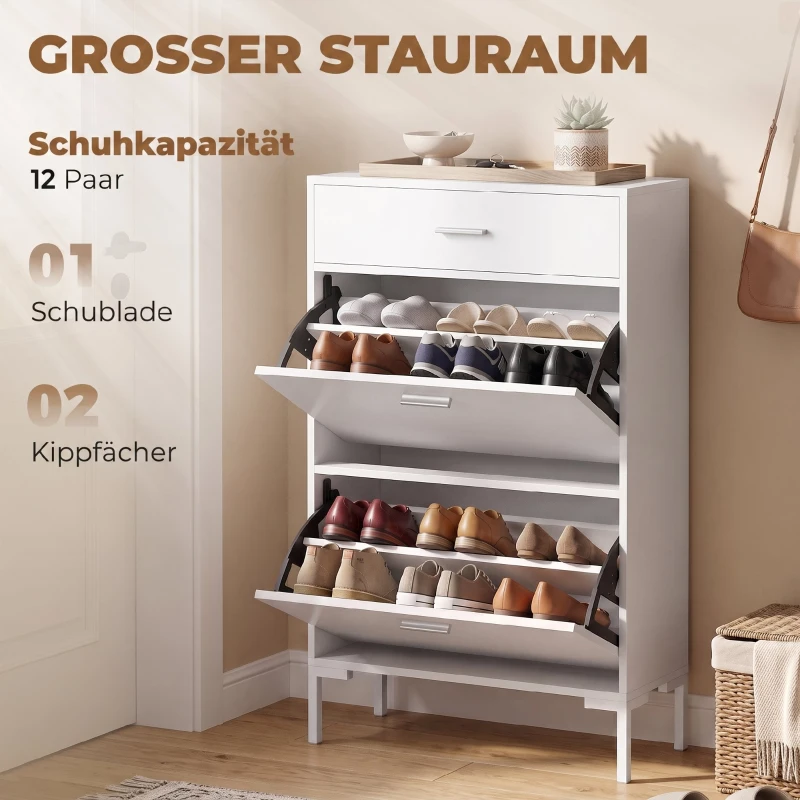 HOMCOM Moderne schoenenkast voor maximaal 12 paar schoenen, met 2 kleppen, lade en verstelbare plank, wit