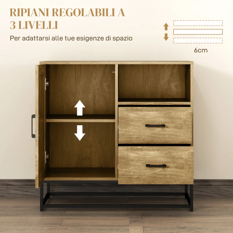 HOMCOM Credenza Moderna con 2 Cassetti, Armadietto Regolabile e Ripiano Aperto, in Legno e Acciaio, 80x40x78 cm, Marrone