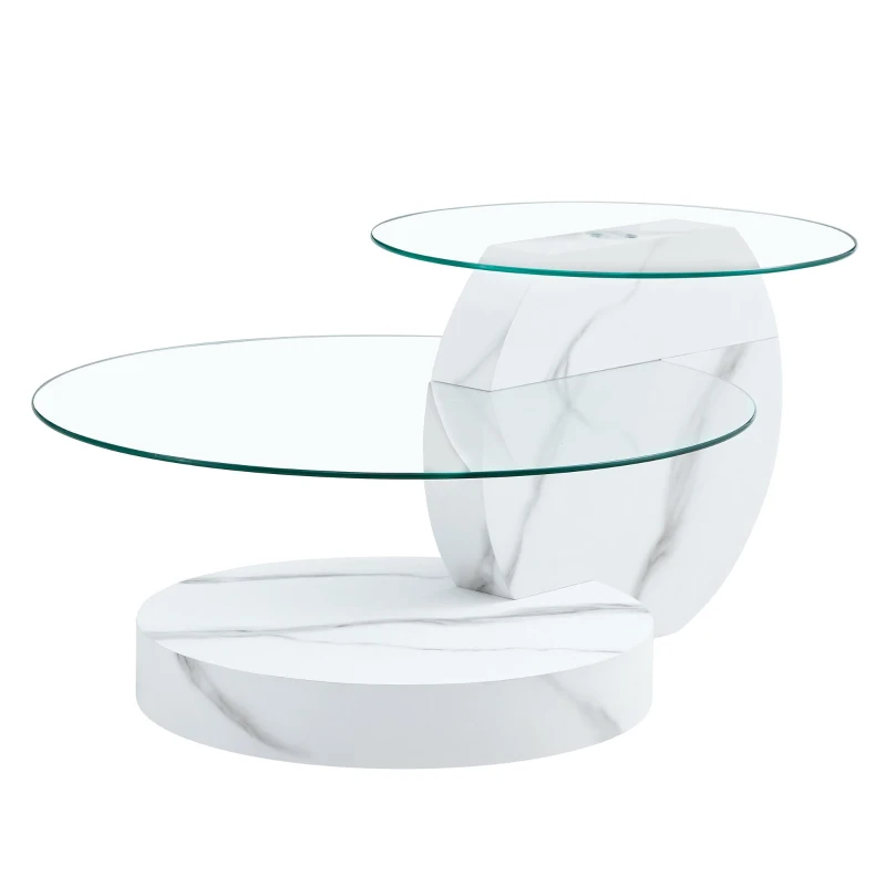 Table basse moderne minimaliste à 2 plateaux en verre de sécurité, design multi‑niveaux élégant, Blanc
