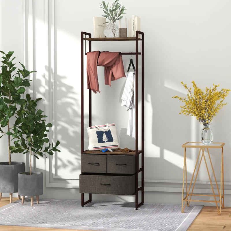 HOMCOM Appendiabiti da Terra con Asta, 3 Cassetti e Ripiani, in Legno MDF e Acciaio, 58.5x30x178 cm, Marrone