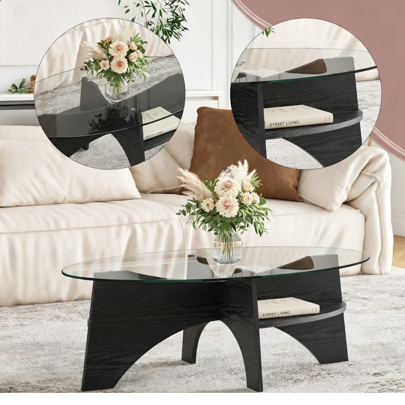 Table basse ovale moderne en verre de sécurité, plateau résistant aux chocs et facile à nettoyer, 104,9x60,0x35,6 cm, Transparent