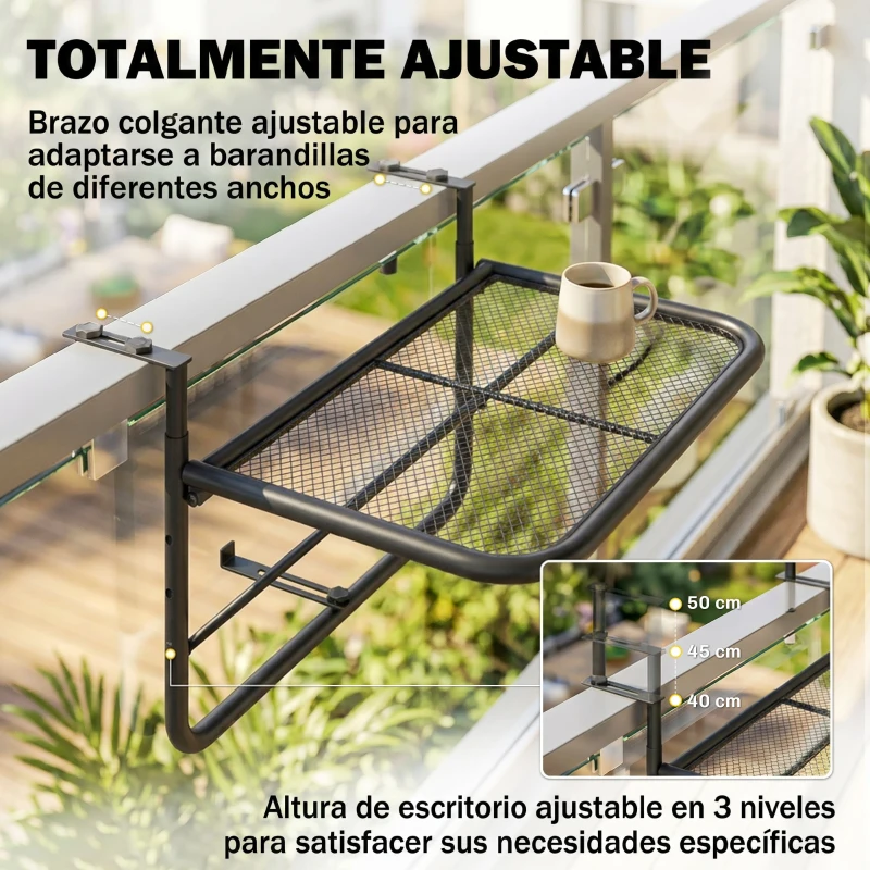Outsunny Mesa Colgante de Balcón con Brazo Regulable y Altura Ajustable en 3 Posiciones Marco Metálico 60x56x50 cm Negro