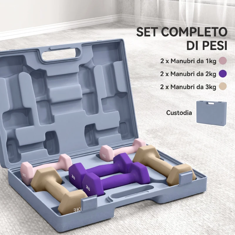 HOMCOM Set di Manubri Pesi Fitness da 12 kg con Impugnatura Antiscivolo e Valigetta, Multicolore