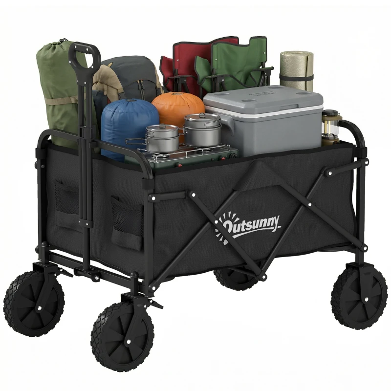Outsunny Carro de Jardín Plegable con Ruedas Bloqueables Mango Ajustable Portavasos Carga 80 kg para Campaña 85x50x99 cm Negro