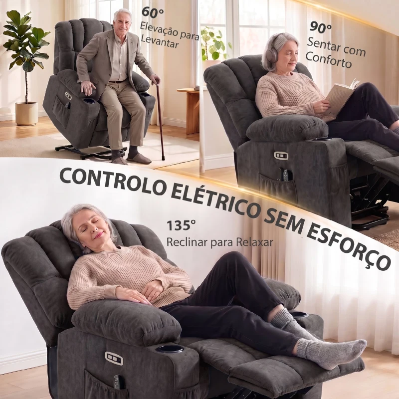 HOMCOM Poltrona Relax Reclinável Elétrica Elevatória com Massagem Vibratória, Calor, Assento Largo, USB-C, USB-A, Bolsos, Preta