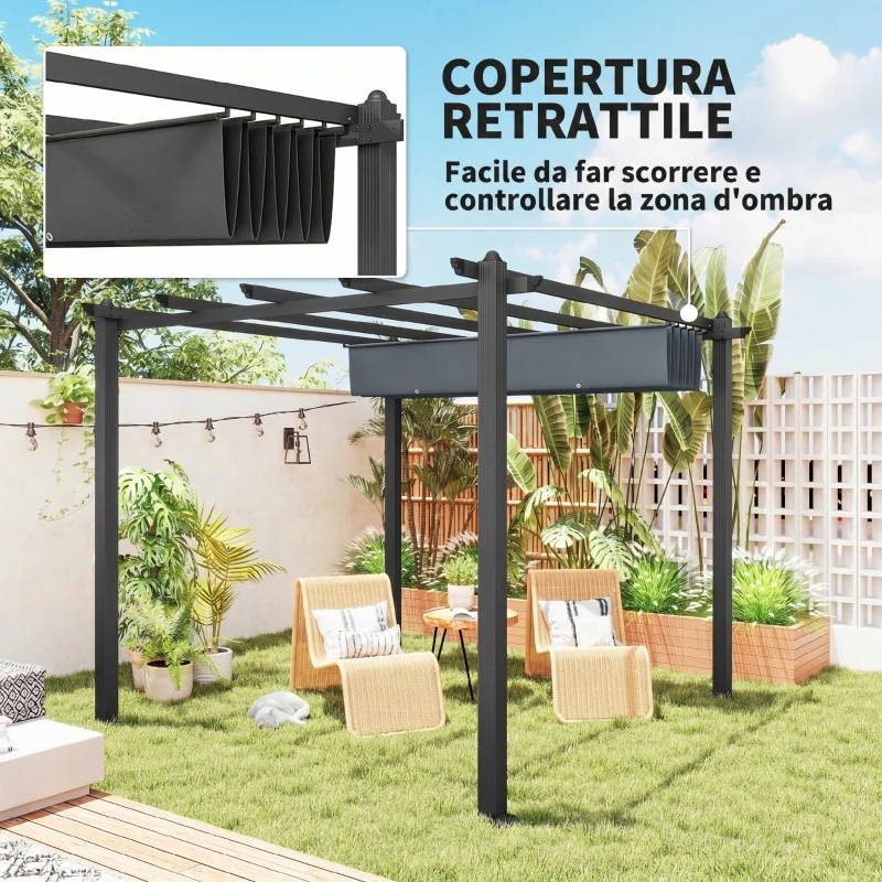 Outsunny Pergola Gazebo 3x3 m con 8 Fori di Drenaggio, in Alluminio, Metallo e Poliestere, Grigio Scuro