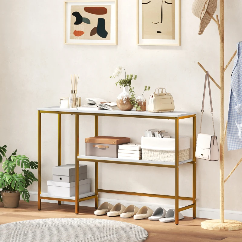 HOMCOM Console meuble 120 cm, table console 3 niveaux avec étagères de rangement, plateaux imitation marbre, blanc et doré