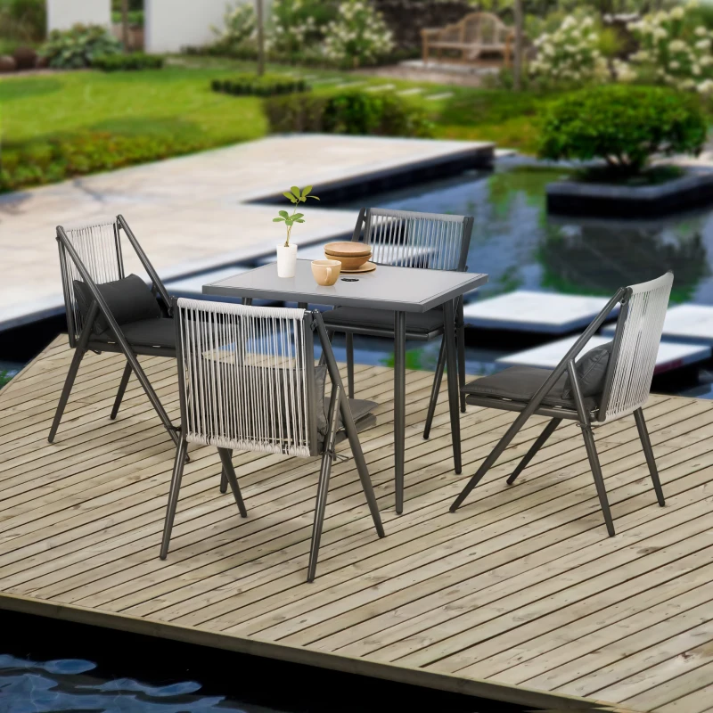 Outsunny Set da Giardino con 4 Sedie con Cuscini e Tavolo da Pranzo Quadrato in Vetro, Grigio Scuro