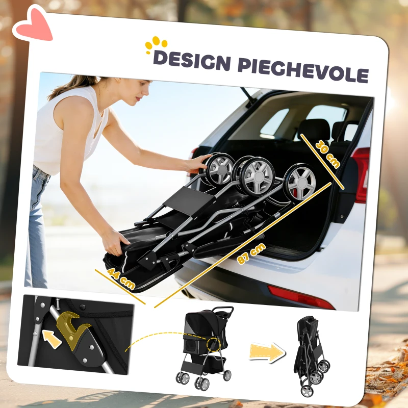 PawHut Passeggino per Cani Pieghevole con Cestino e Portabicchiere, Peso Max. 10 kg, 77x44x102 cm, Nero