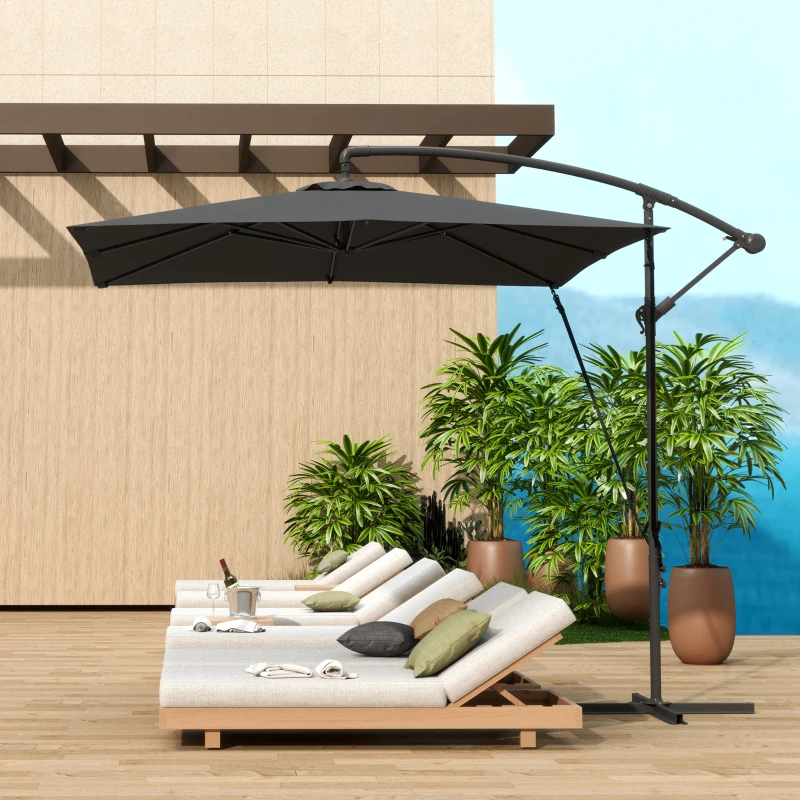 Outsunny Parasol déporté parasol de jardin extérieur Toile ajustable 8 baleines base en croix manivelle, 2,5 x 2,5 m, gris foncé