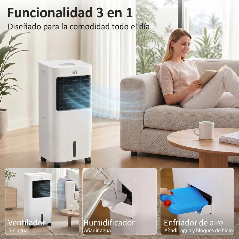 HOMCOM Enfriador de Aire Portátil Silencioso Aire Acondicionado con Pantalla LED y Control Remoto 32x37x74 cm Blanco