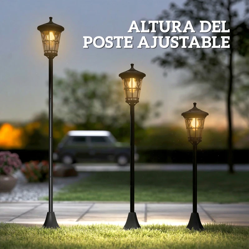 Outsunny Set de 2 Farolas Solares de Jardín con Altura Ajustable 2 Modos de Brillo IP44 Impermeable para Terraza Patio Negro