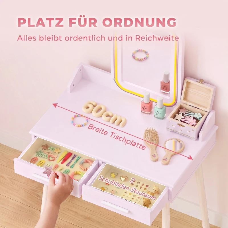 AIYAPLAY Kinderkaptafelset 2-in-1, kaptafel en bureau met kruk, ledspiegel in 3 lichtkleuren, 2 laden, 3-8 jaar
