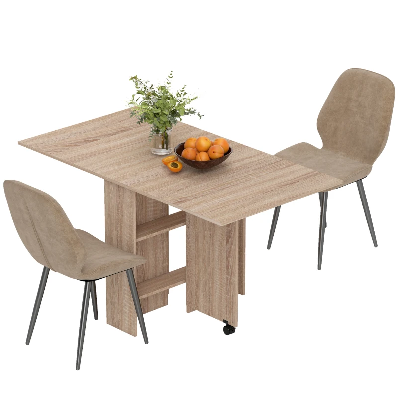 HOMCOM Dining Table Set, Folding Kitchen Table with Storage Shelves, 2 Velvet Upholstered Chairs, Natural Wood Finish and Light Brown