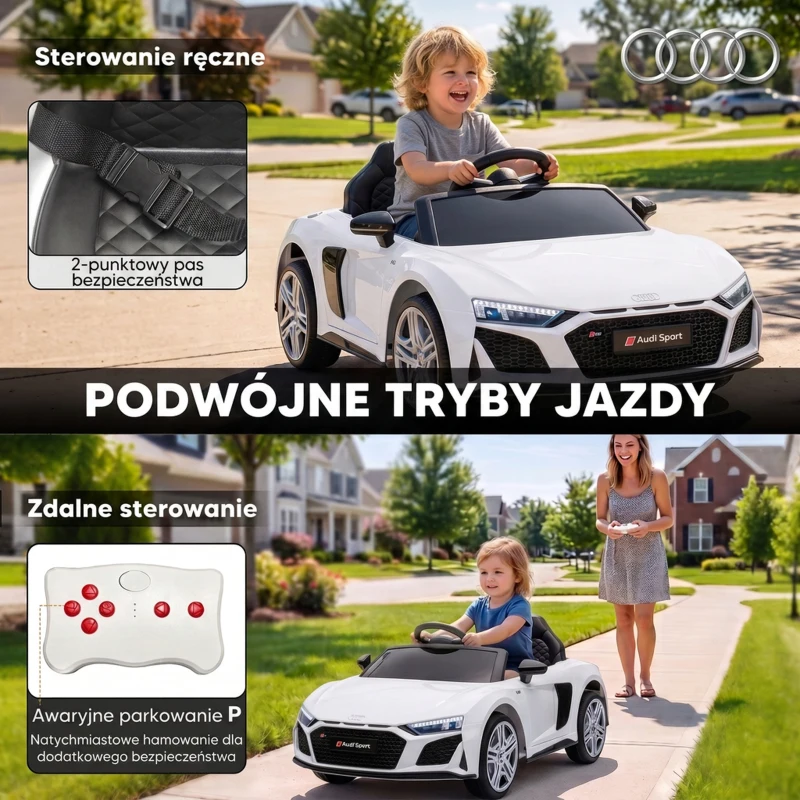 AIYAPLAY Elektryczny samochód dla dzieci 12V z pilotem, akumulatorem litowym, 2 silniki, miękki start, tylne zawieszenie Biały