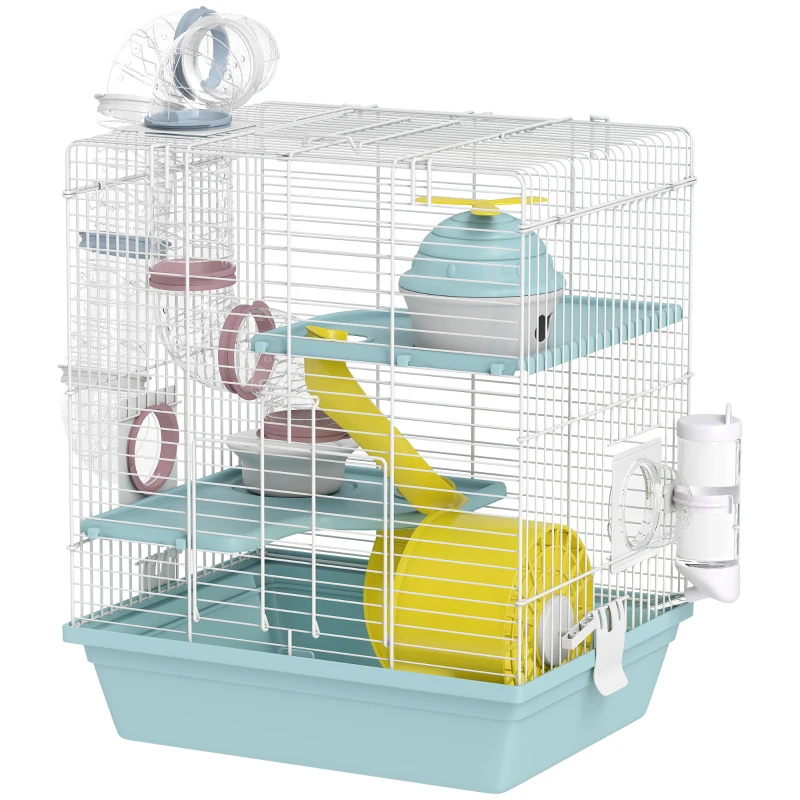 PawHut 3-Level Hamster Cage with Exercise Wheel, Water Bottle, Food Bowl, for Dwarf Hamsters, 34.5 x 27.5 x 41 cm, Blue