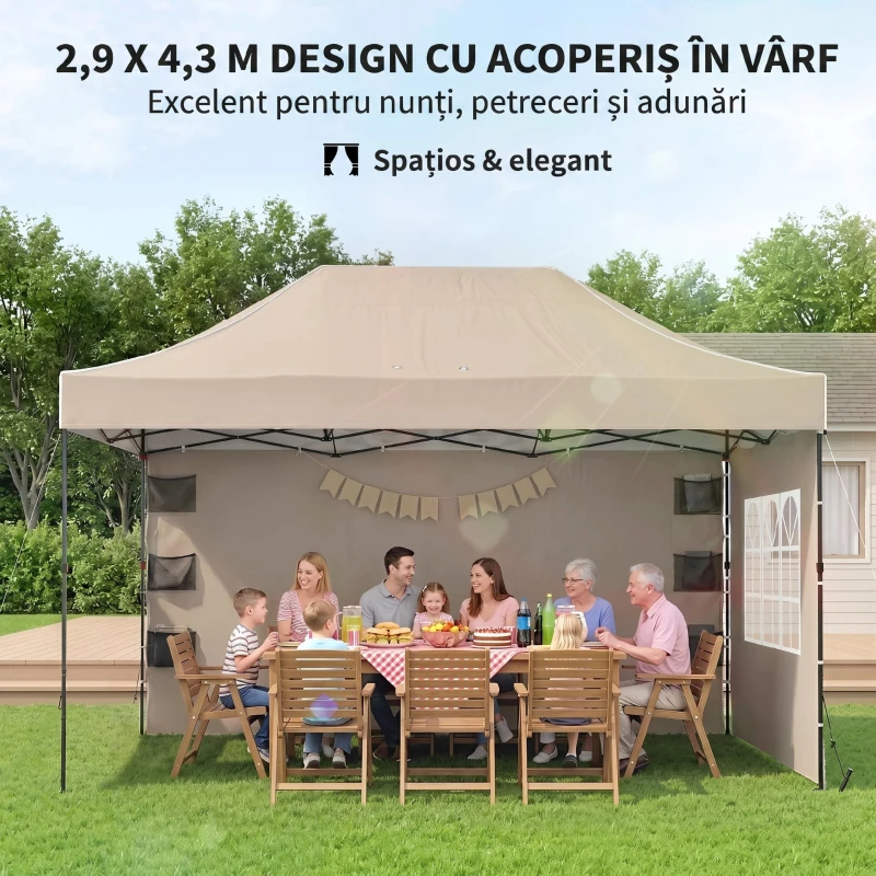 Outsunny Gazebo Pop Up pliabil cu pereți laterali și ferestre, 2.9x4.3 m, din metal și țesătură Oxford, maro nisipiu