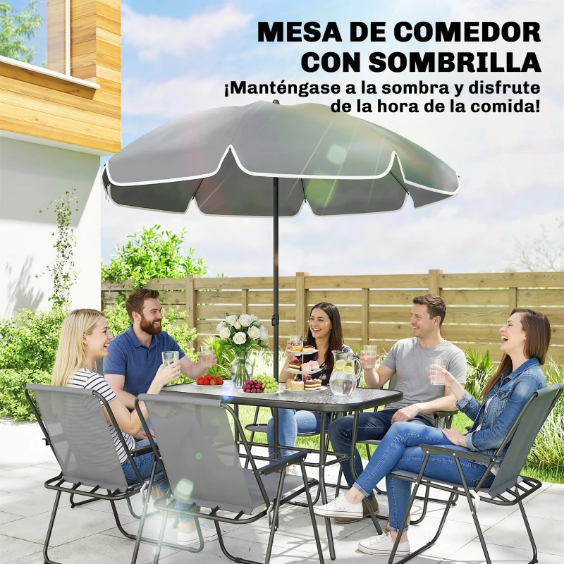 Outsunny Conjunto de Mesa y Sillas Jardín de 8 Piezas con Sombrilla 6 Sillas Plegables Mesa de Vidrio Templado Gris