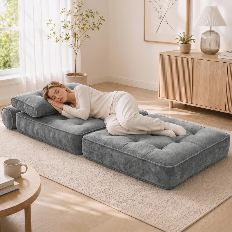 HOMCOM Poltrona Conversível 1 Lugar 95 x 220 cm com 2 Almofadas, Assento Espesso, Poltrona-Cama 3 em 1, Cinza claro