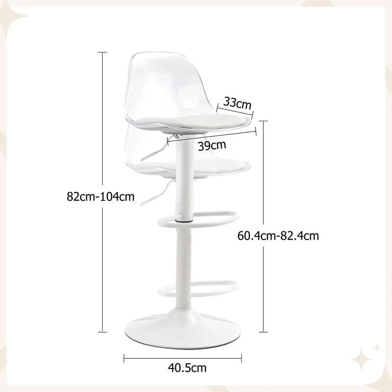 Lot de 2 tabourets de bar réglables, dossier ergonomique transparent, assise pivotante 360°, 40,5x39x82-104 cm, Blanc