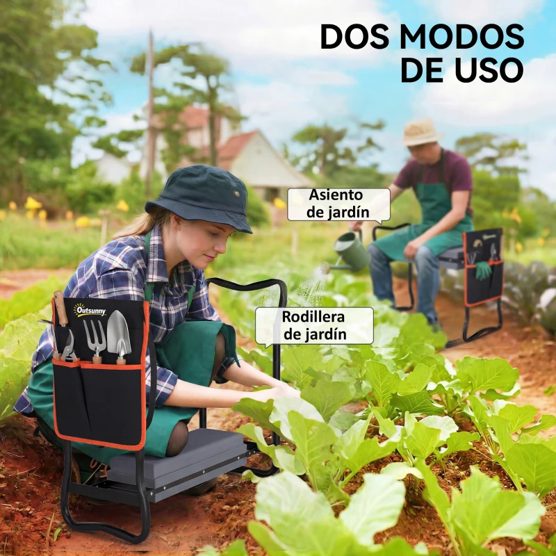 Outsunny Taburete de Jardín Plegable con Almohadilla de EVA Asiento de Jardín con Bolsa para Herramientas en Cintura Carga 150kg