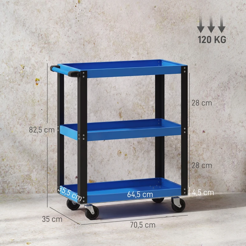 HOMCOM Carrello porta attrezzi con 3 ripiani, ruote e maniglie, portata 120 kg, Blu e Nero