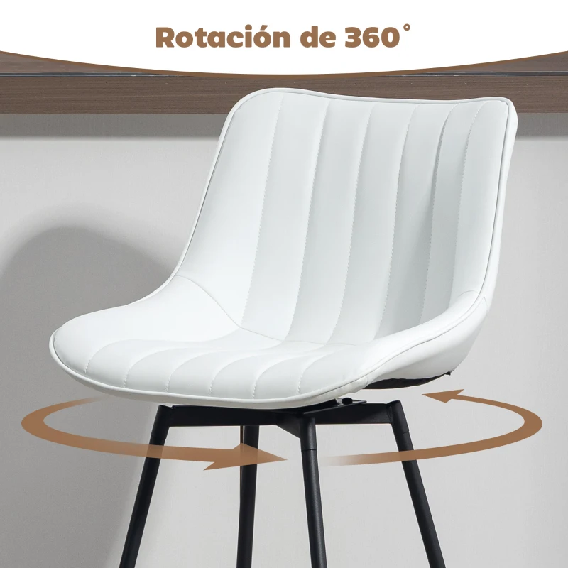 HOMCOM Juego de 2 Taburetes de Bar, Sillas de Bar Giratorio 360° Tapizado en Cuero Sintético con Respaldo y Reposapiés Blanco