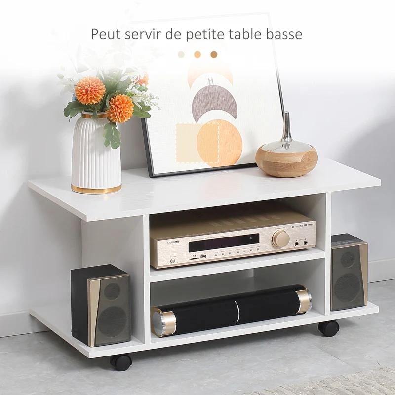 HOMCOM Meuble TV avec Roulettes 80 cm, Meuble Télé pour Téléviseur jusqu'à 42 Pouces avec Étagères Ouvertes, Style Moderne, Banc TV pour Salon, Chambre, Blanc