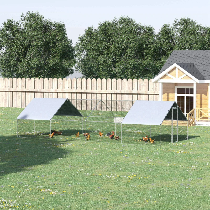 PawHut Chicken Run Galvanised Walk-in Chicken Coop Hen Poultry House Cage Rabbit Hutch with Water-Resist Cover, 3 x 8 x 2m