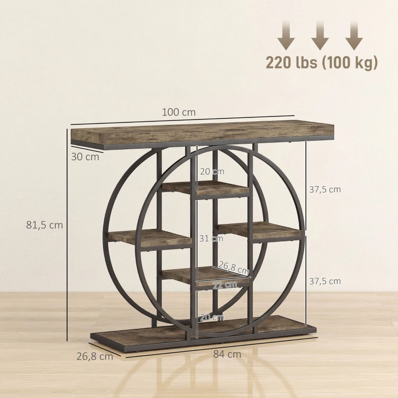 HOMCOM Consolle da Ingresso Mobile d'Ingresso Stile Industriale 6 Ripiani Contenimento Piano 4cm 100 x 30 x 81,5cm Marrone Rustico