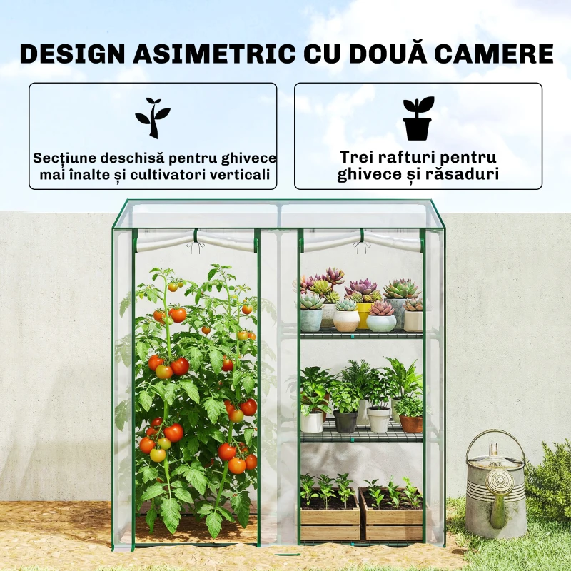 Outsunny Seră Verticală cu 2 Secțiuni și 3 Rafturi, din Plastic și Oțel, 143x45x151 cm, Verde Închis și Transparent