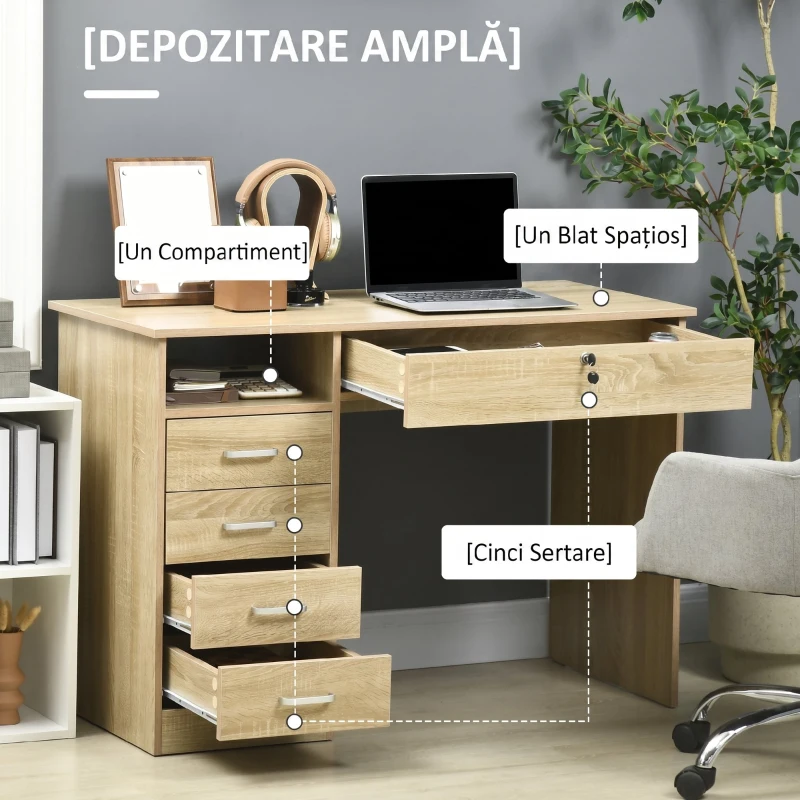 HOMCOM Birou Cameră sau Office Lemn cu 2 Sertare și 2 Chei, 110x50x76 cm, Stejar