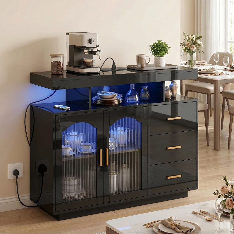 HOMCOM High Gloss Sideboard with LED Lights, Built-in Power Outlets, 3 Drawers, Shelves and 2 Acrylic Doors, Black